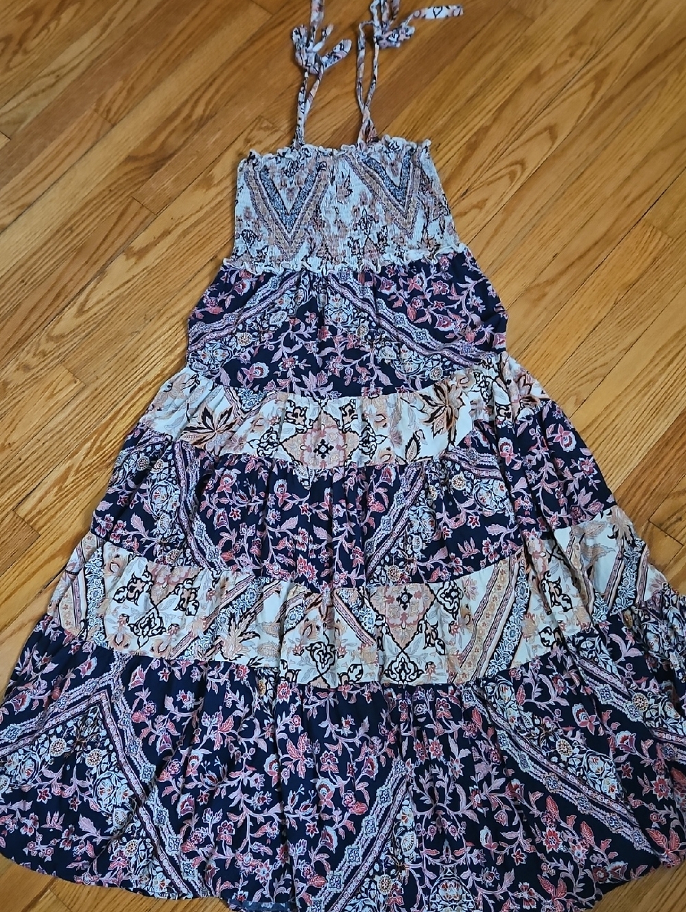 Boho Tiered Maxi Dress with Navy and Pink Floral Print